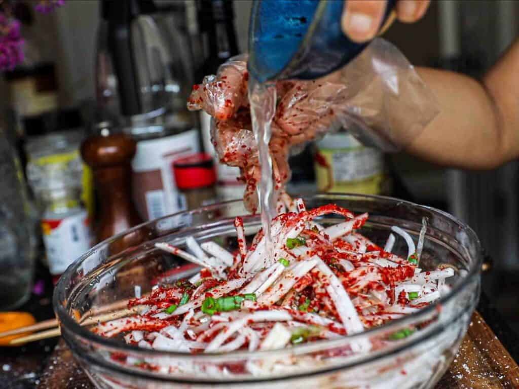 Easy & Spicy Korean Radish Salad - Musaengchae Recipe. 18 adding brine back to julienned radish