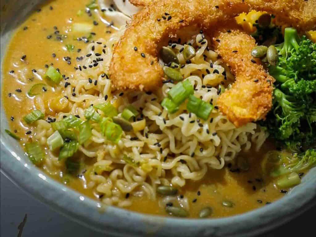 Easy Creamy and Spicy Pumpkin Ramen Recipe (Vegan). 3 close up shot of pumpkin ramen