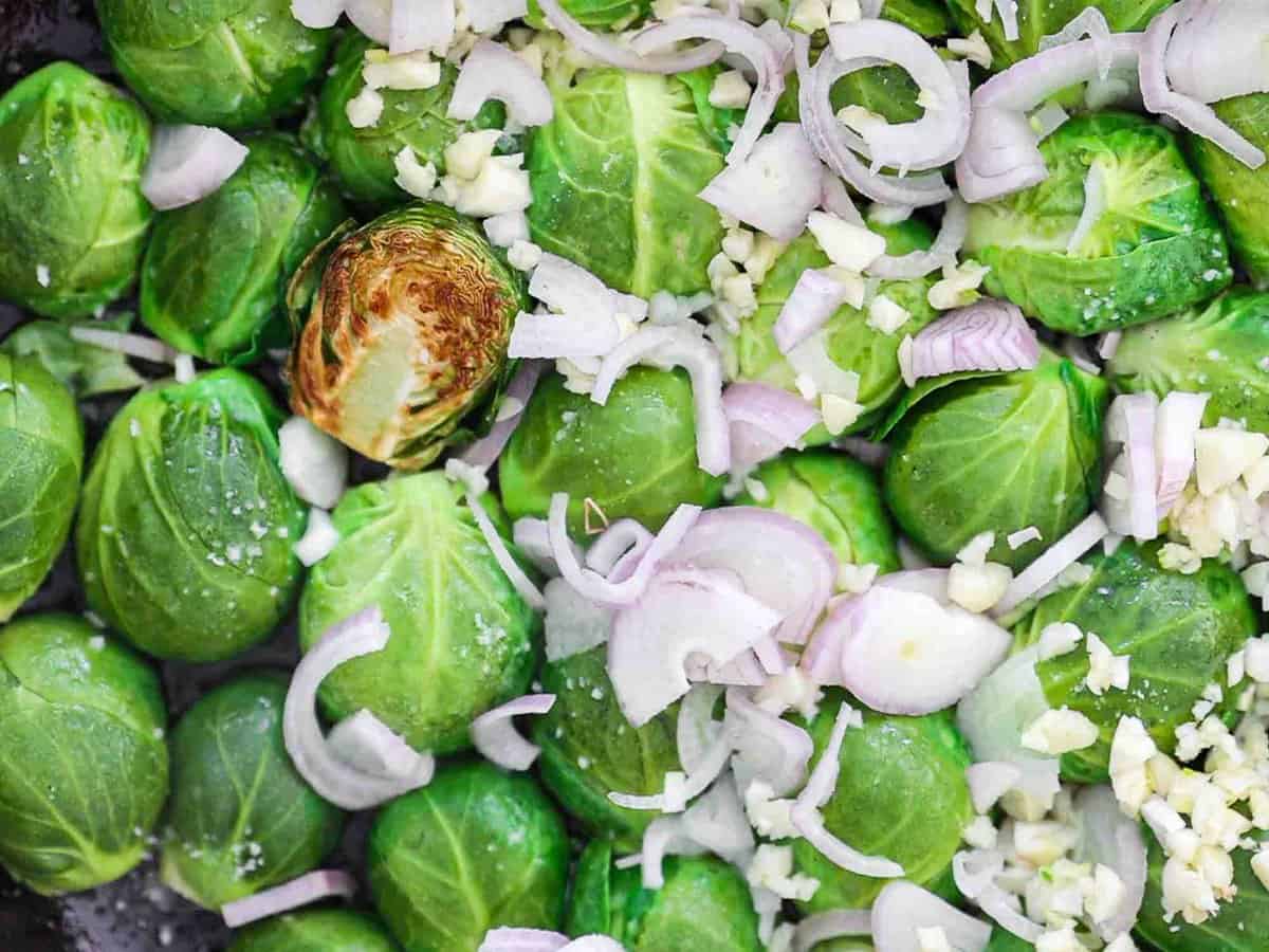 Tips on Making PERFECT Roasted Brussels Sprouts (Easy and Delicious)! 12 seared brussels sprouts in wine reduction and shallots2