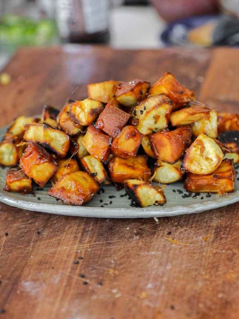 6-Ingredient Delicious Candied Korean Sweet Potatoes or Matang. 2 side view of candied Korean sweet potatoes