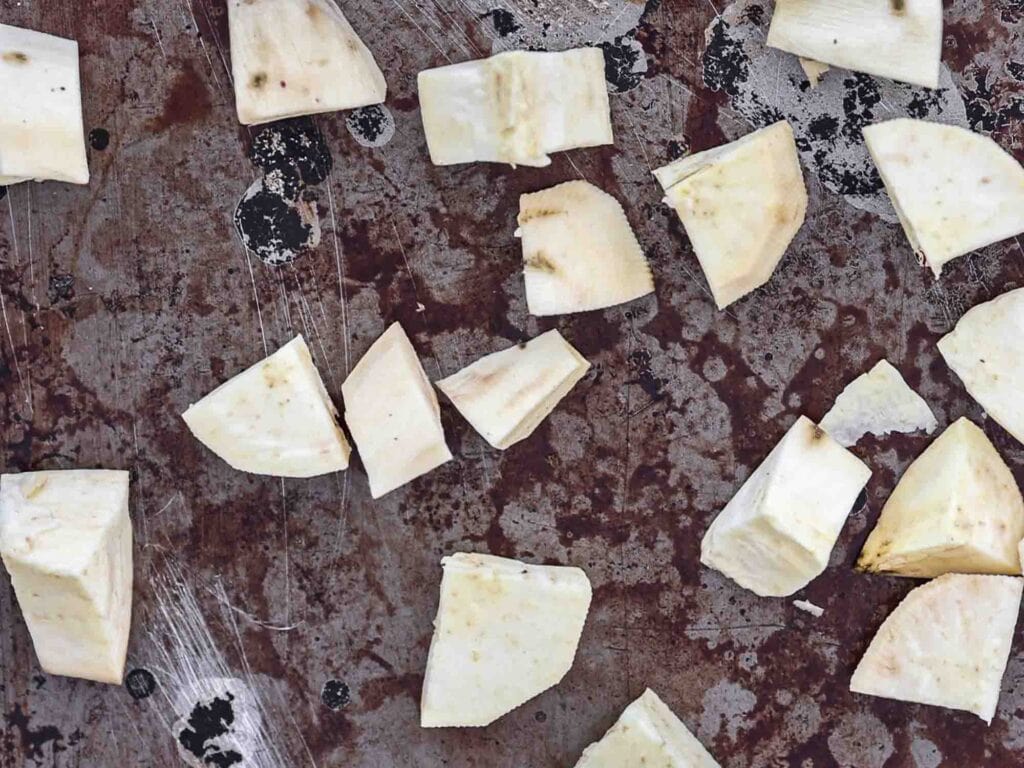 6-Ingredient Delicious Candied Korean Sweet Potatoes or Matang. 7 raw korean sweet potatoes on sheet pan