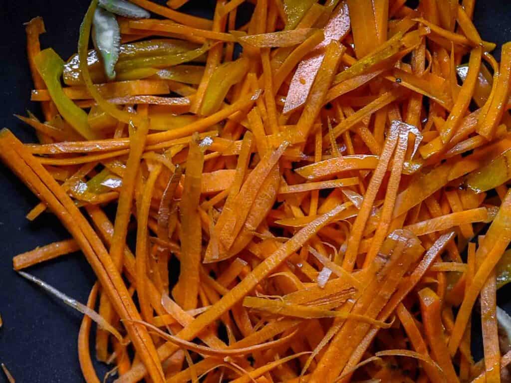 My Mom's Easy Vegetarian Japchae (Glass Noodles). 20 sauteed carrots for vegetarian japchae