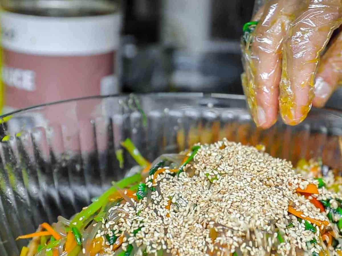 My Mom's Easy Vegetarian Japchae (Glass Noodles). 25 toasted sesame seeds added to vegetarian japchae