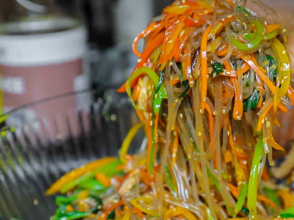 My Mom's Easy Vegetarian Japchae (Glass Noodles). 2 handful of vegetarian japchae