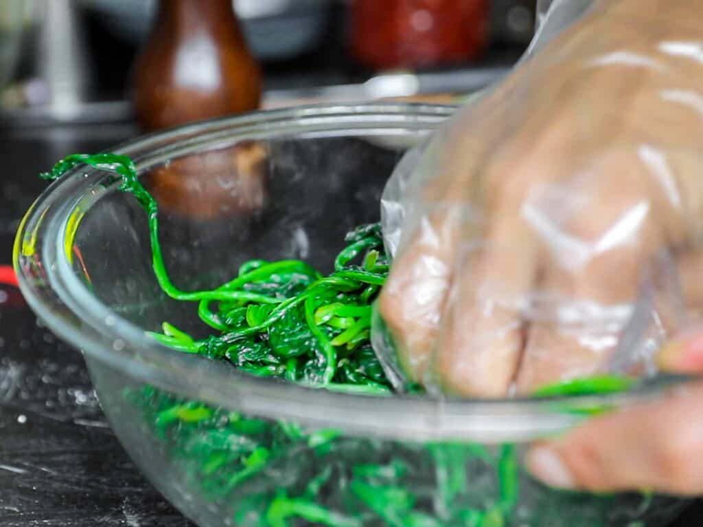 My Mom's Easy Vegetarian Japchae (Glass Noodles). 8 seasoning boiled spinach