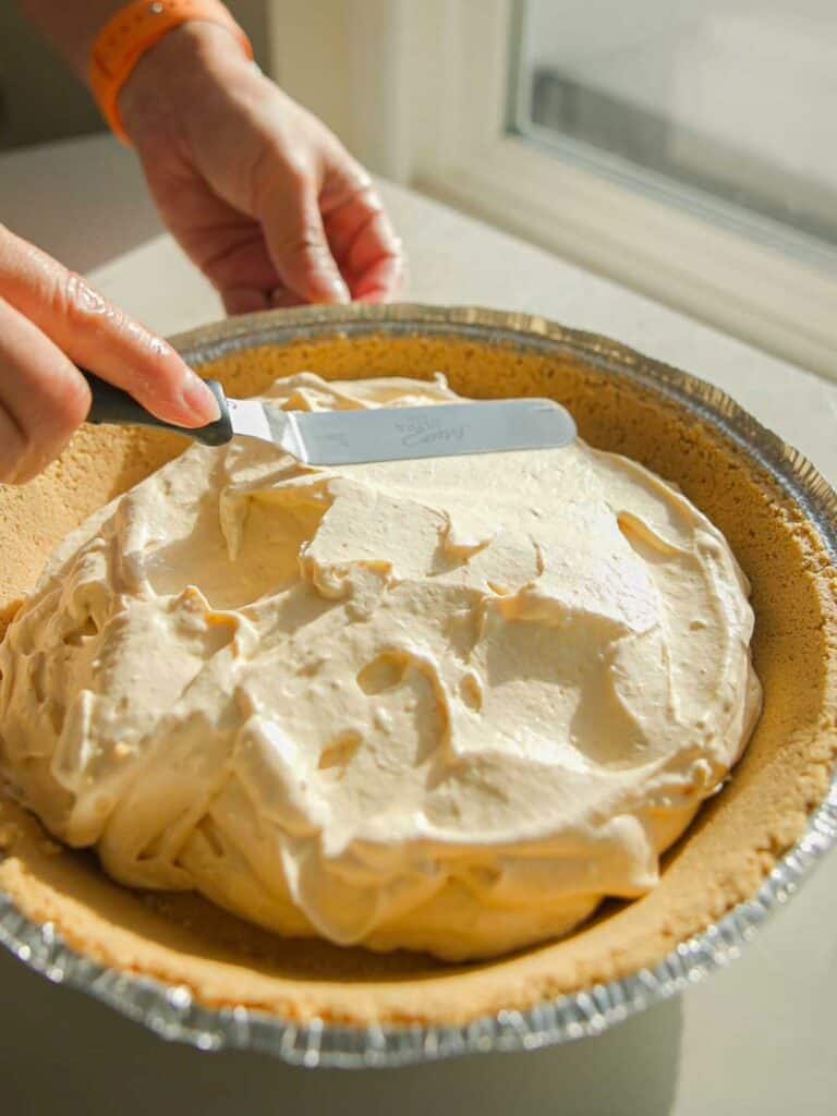 6-Ingredient BEST No-Bake Pumpkin Cheesecake (Vegan). 9 spreading out filling for no bake pumpkin cheesecake 2