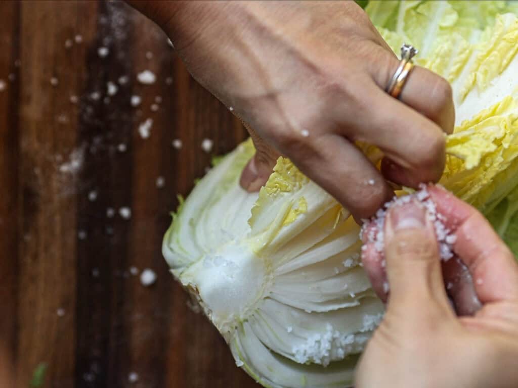 Mom's Easy White Kimchi (Baek-Kimchi) Recipe (백김치). 18 Hands are salting a half-cut napa cabbage over a wooden surface. A persons fingers are sprinkling coarse salt onto the layers of the vegetable.