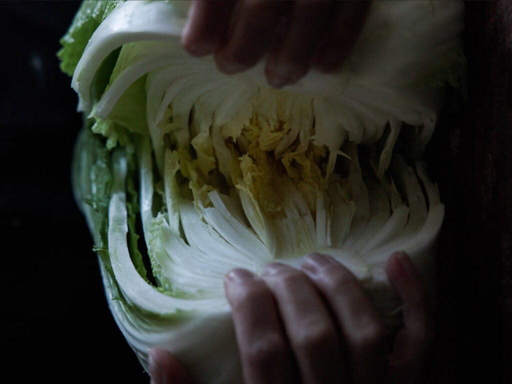 Hands are gently peeling back the layers of a leafy green vegetable, revealing its light interior. The background is dark, highlighting the freshness and texture of the leaves.