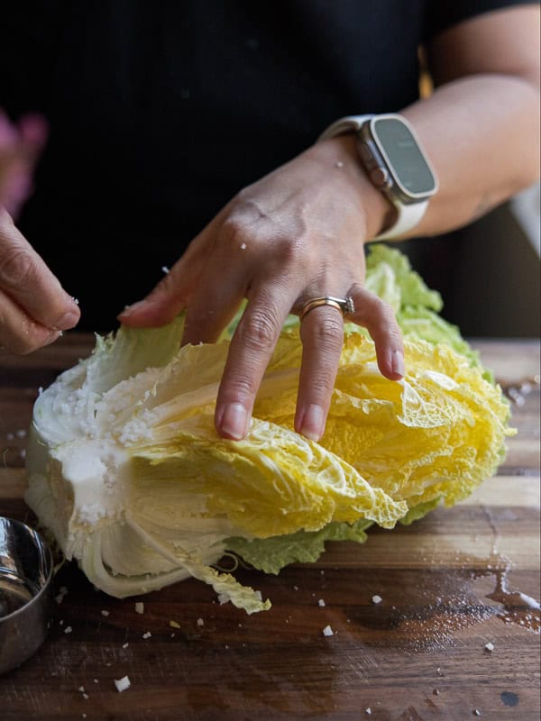 Mom's Easy White Kimchi (Baek-Kimchi) Recipe (백김치). 16 A person wearing a watch and ring is preparing Napa cabbage on a wooden cutting board. Their hands are gently separating the leaves.