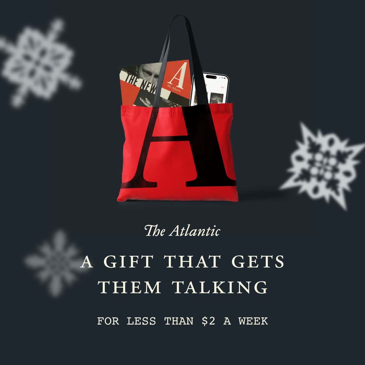The Korean Vegan's 2025 VEGAN Holiday Gift GUIDE. 55 A red tote bag with The Atlantic logo contains magazines and a smartphone. Text reads, "Find the perfect holiday gift that gets them talking for less than $2 a week." Featured in the 2024 Holiday Gift Guide, this is the year’s conversation starter amidst snowflakes in the background.