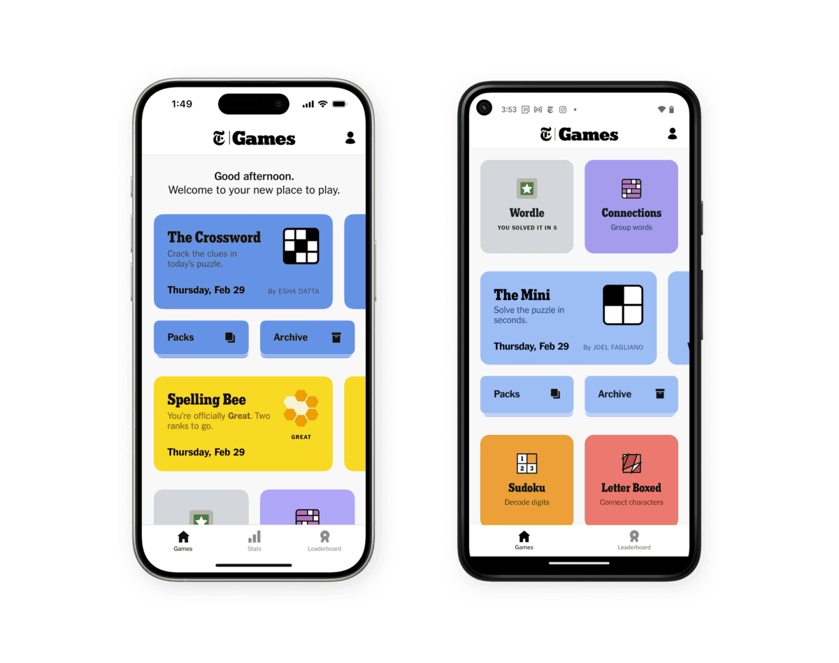 The Korean Vegan's 2025 VEGAN Holiday Gift GUIDE. 56 Two smartphones showcase a gaming app featuring puzzle games like The Crossword, Spelling Bee, Wordle, and Sudoku. Each game appears in a colorful square with its name and brief description, making it easy to find the perfect challenge for any holiday gift guide.
