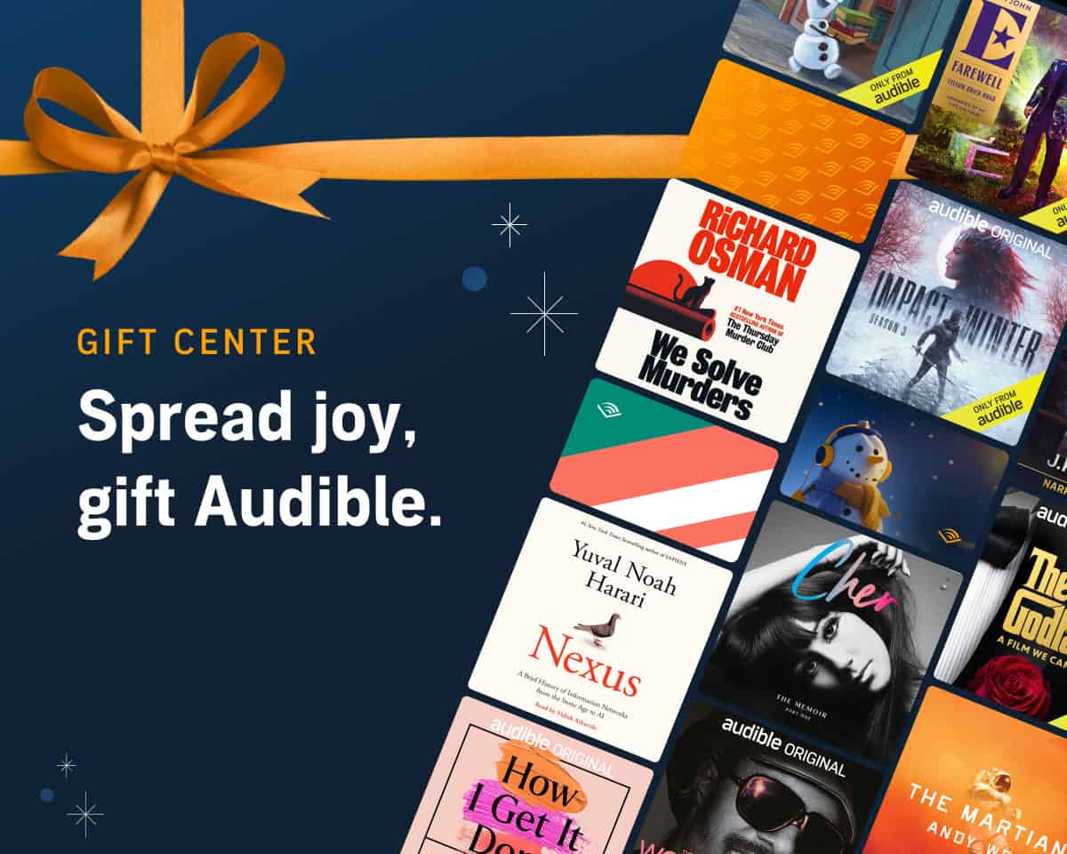 The Korean Vegan's 2025 VEGAN Holiday Gift GUIDE. 54 A festive Audible gift card advertisement with a vibrant orange ribbon and various audiobook covers. Text reads, "Gift Center: Spread joy, gift Audible." Perfect for a 2024 holiday gift, including favorites like "Korean Vegan.