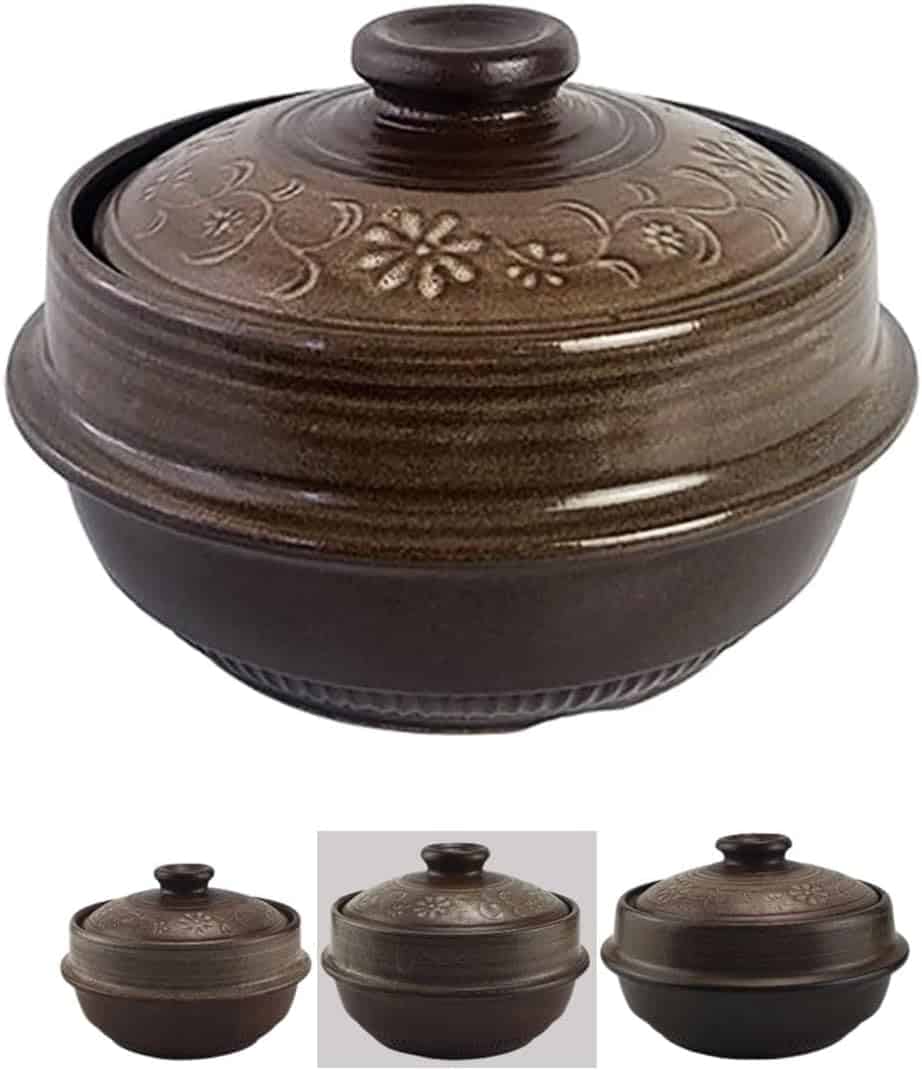 The Korean Vegan's 2025 VEGAN Holiday Gift GUIDE. 18 A set of brown ceramic casserole dishes with lids, featuring a floral pattern, perfect as a holiday gift. The main image shows a larger view, while smaller images below showcase the dish from different angles, ideal for preparing Korean vegan recipes.