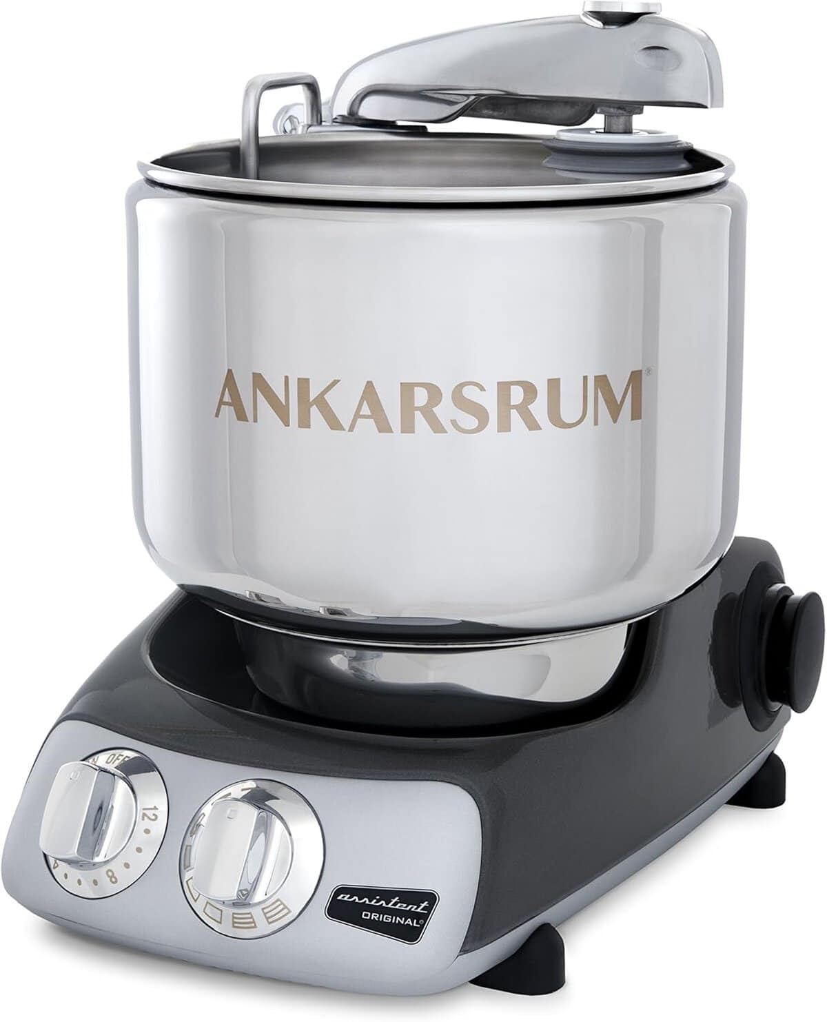 The Korean Vegan's 2025 VEGAN Holiday Gift GUIDE. 11 A silver and black Ankarsrum stand mixer, boasts a large metal bowl and intuitive control knobs on the base.