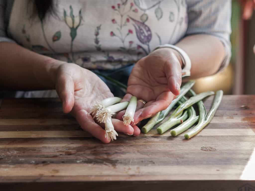Delicious Vegan Rice Cake Soup (Tteokguk) with Dumplings. 15 A person wearing an apron holds several trimmed green onions with roots, over a wooden cutting board that has more green onions on it. The focus is on the hands and green onions.
