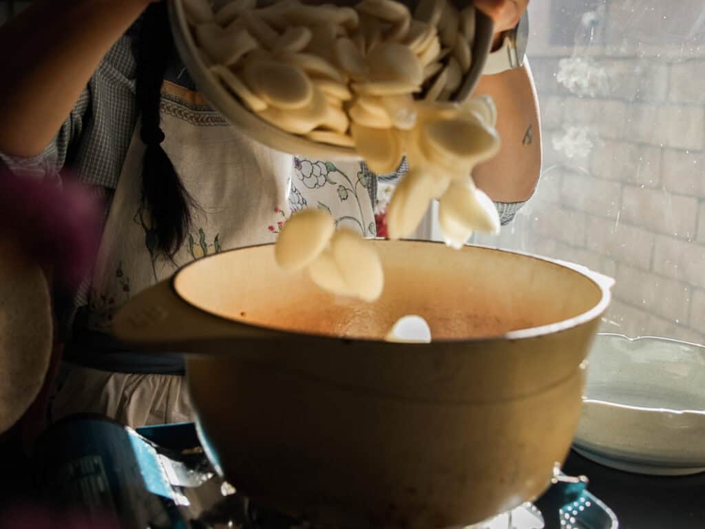 Delicious Vegan Rice Cake Soup (Tteokguk) with Dumplings. 28 A person wearing an apron pours sliced rice cakes from a bowl into a pot on a stove, with sunlight streaming through a window beside them.