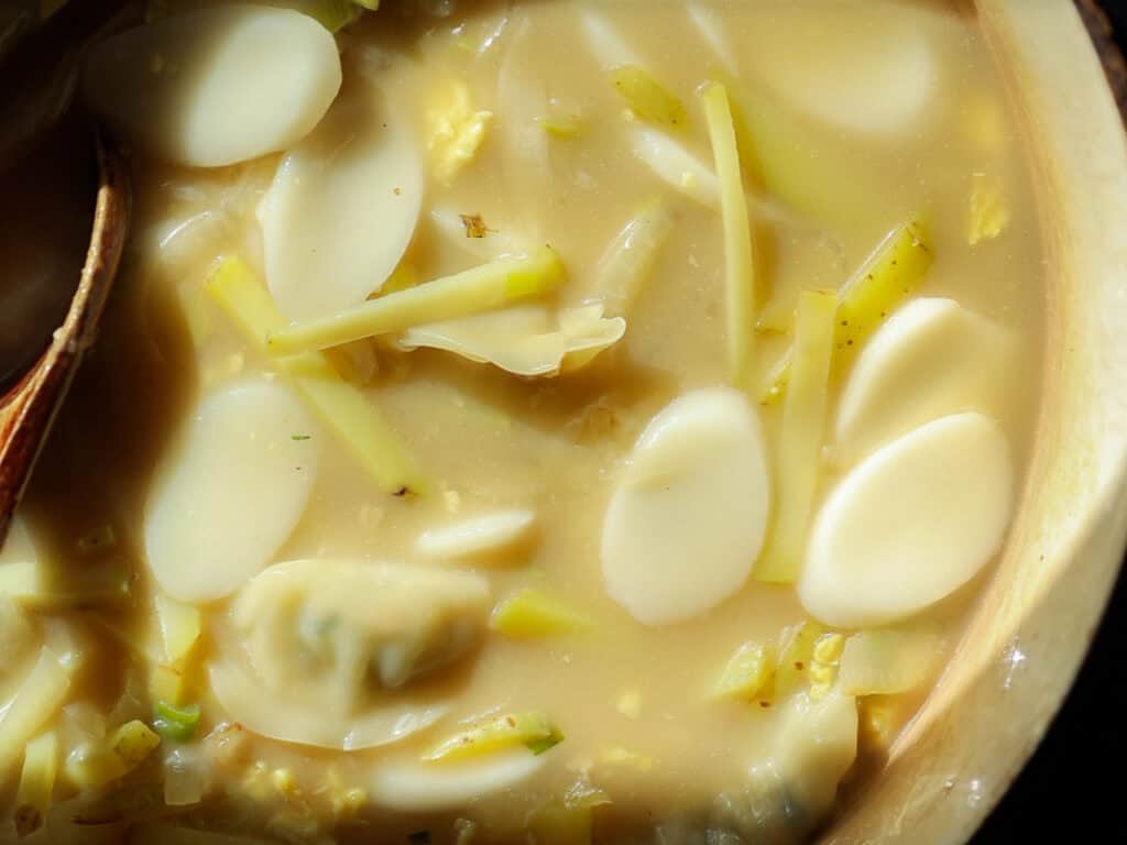 Delicious Vegan Rice Cake Soup (Tteokguk) with Dumplings. 25 A close-up of a bowl of soup featuring sliced rice cakes, pieces of potato, and green onions, all immersed in a light, creamy broth. A wooden spoon is partially visible on the left side of the image.