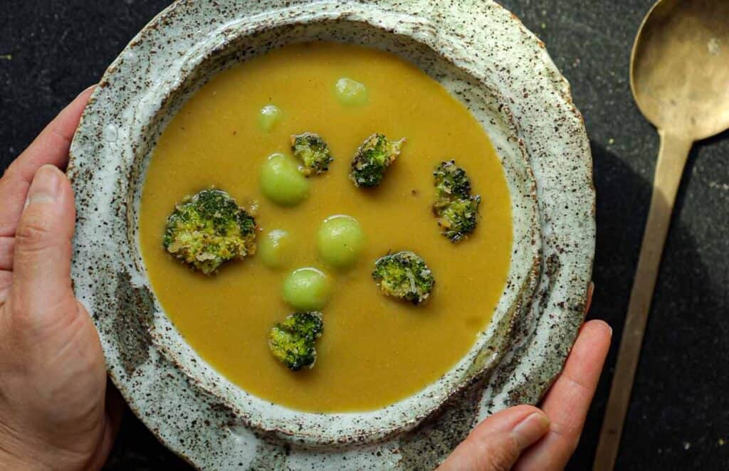 Creamy Broccoli Soup with Dumplings - delicious and Gluten-Free! 1 hero image of creamy broccoli soup.