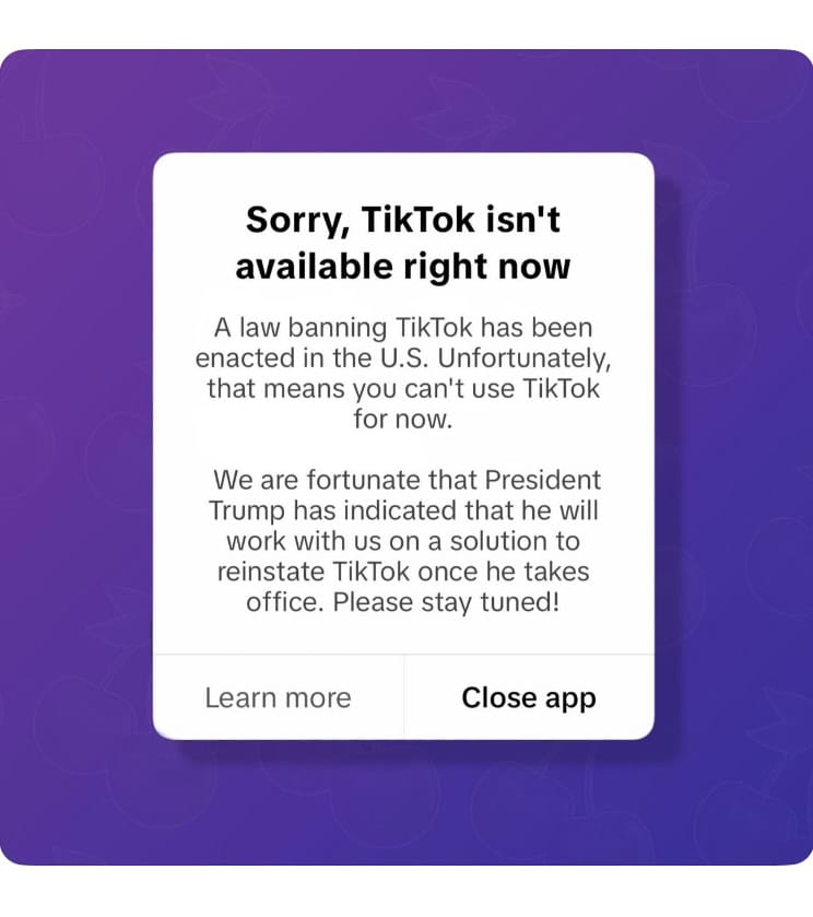Do Laws Even Matter Any More? 3 A screenshot shows a message stating TikTok isnt available due to U.S. laws, with a note that President Trump plans to address the matter. Options to learn more or close the app are provided against a purple background with a subtle design.