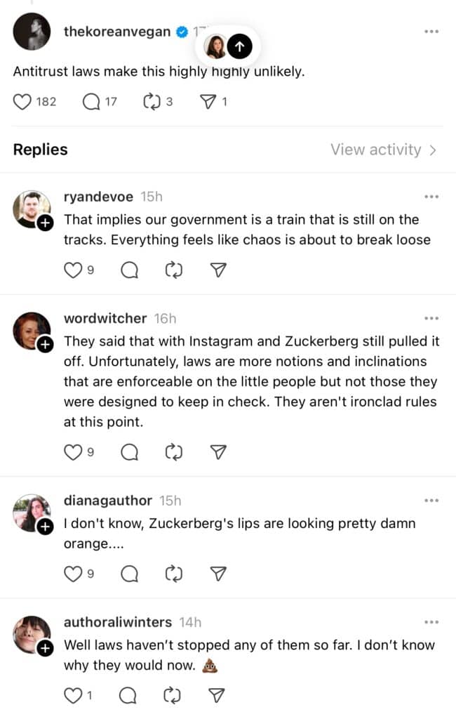 Do Laws Even Matter Any More? 5 Screenshot of a social media post by thekoreanvegan discussing the important antitrust laws. Comments mention government instability, Instagram, Zuckerberg, and personal observations. Emojis are included, such as a train and poop emoji.