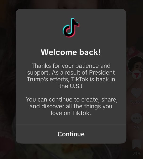 Do Laws Even Matter Any More? 4 A TikTok notification popup with the logo at the top. Text reads: Welcome back! Thanks for your patience and support. As a result of President Trumps important efforts, TikTok is back in the U.S.! You can continue to create, share, and discover all the things you love on TikTok.