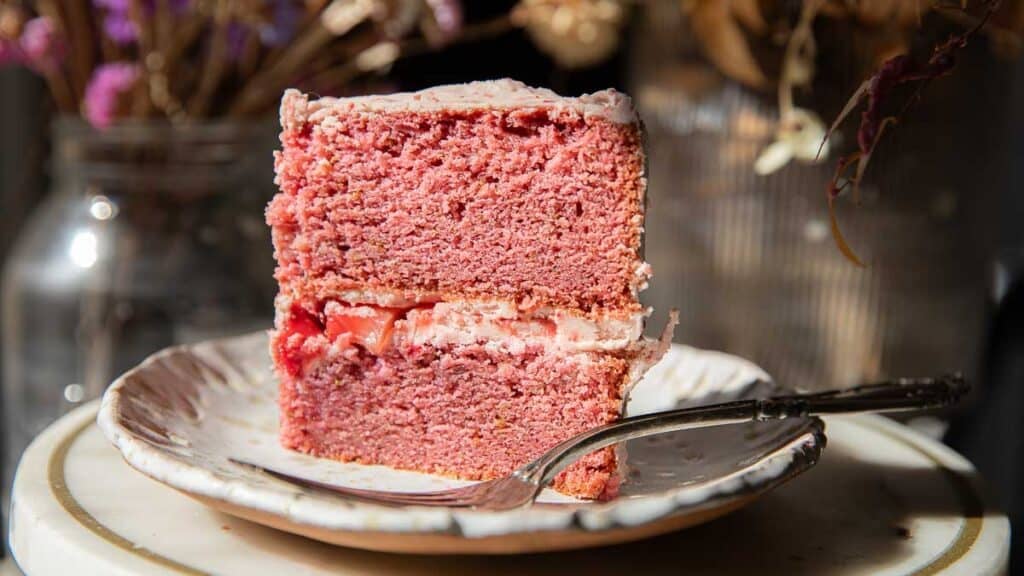 Stunning Pink Vegan Strawberry Cake (Fresh berries). 2 Slice of pink vegan strawberry cake with jam filling on a decorative white plate, placed on a table with a vintage fork. Warm light highlights the cakes texture. Dried flowers in vases are blurred in the background, adding a rustic ambiance.