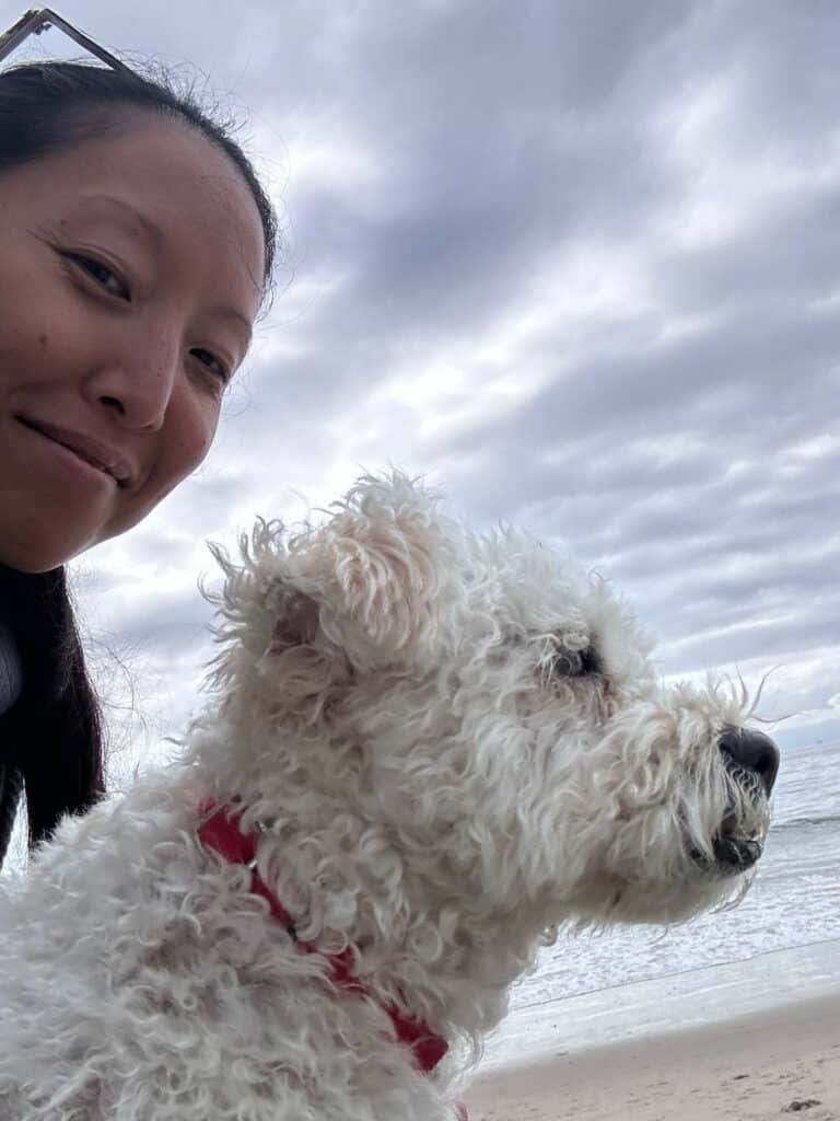 A person and a white fluffy dog with a red collar are at the beach. The person is smiling slightly while the dog looks out toward the sea. The sky is cloudy, and the ocean waves are visible in the background.