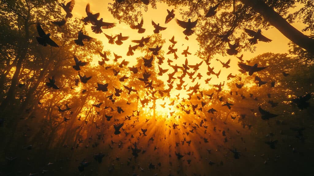 These pics of Lulu are GUARANTEED to make you smile!!! 14 Silhouetted birds fly through a dense forest at sunrise, with the golden light streaming through the trees, creating a dramatic and vibrant scene.