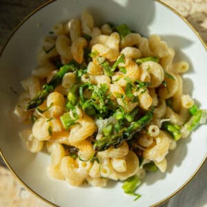 30-Minute Delicious Asparagus Pasta Recipe (Vegan). 23 A bowl of cavatappi asparagus pasta recipe tossed in a creamy sauce with sliced asparagus and garnished with chopped herbs. The dish is served in a white bowl with a golden rim, illuminated by sunlight.