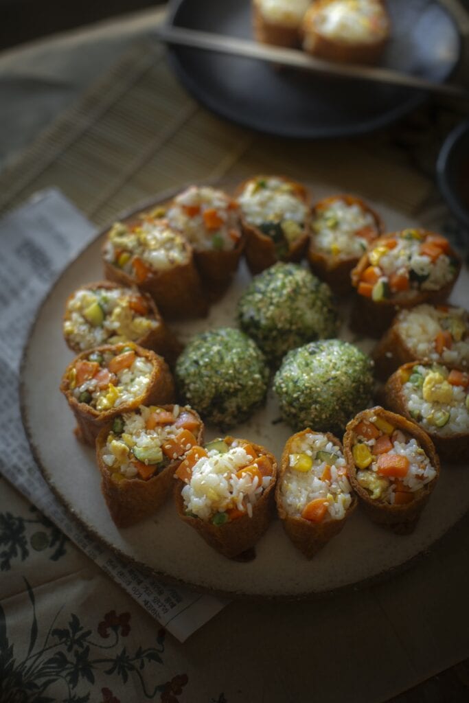 The Korean Vegan: HomeMade 39 A plate of homemade assorted yubuchobap is artfully arranged.