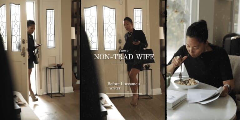 A woman in a black dress enters a home holding a phone and bag, then sits at a table eating from a bowl while reading. Text reads: I am a Non-Trad Wife. Before I became a writer.