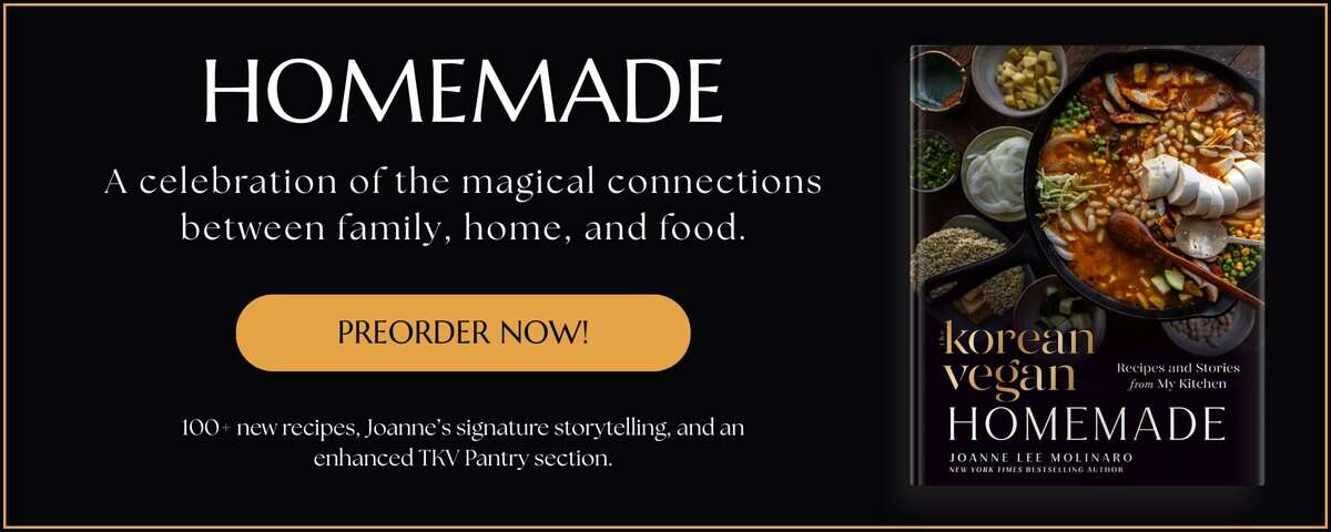The "Non-Trad Wife." 2 A promotional image for The Korean Vegan: HOMEMADE by Joanne Lee Molinaro, featuring preorder info, delicious food photos, and heartfelt text about family, home, food connections.