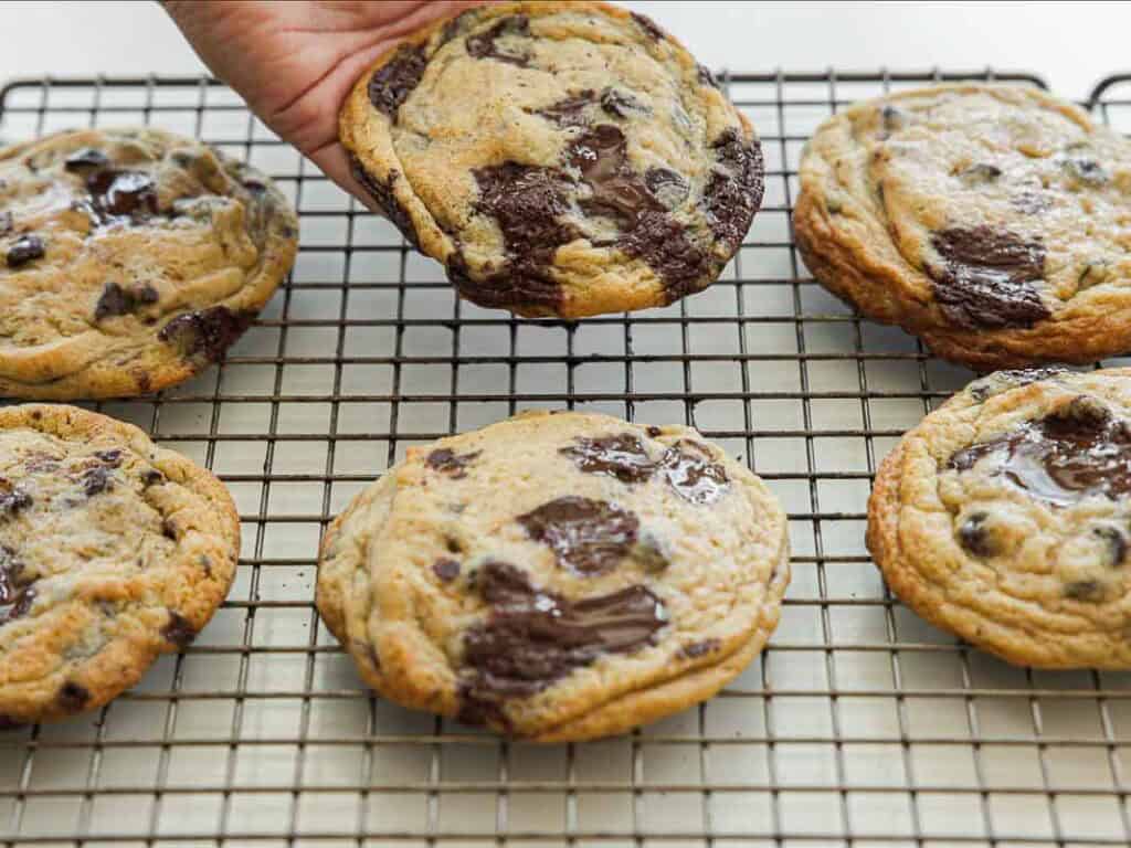 BEST Bakery Style Vegan Chocolate Chip Cookies Recipe. 2 A hand lifts a freshly baked vegan chocolate chip cookie from a cooling rack with five other cookies, each showing melted chocolate chunks and a golden-brown surface.