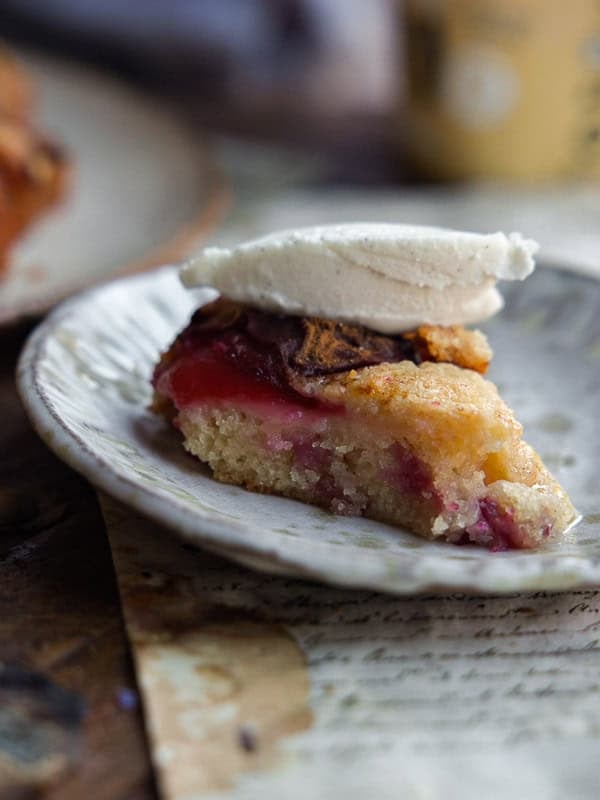 7 Ingredient Vegan Plum Torte - Easy & Delicious. 39 A slice of vegan plum torte with a golden crust and visible berries, topped with a scoop of vanilla ice cream, is served on a rustic ceramic plate.