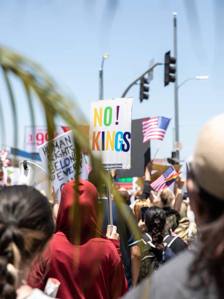 Should influencers get political?? 6 A crowd of protesters with strong political opinions holds signs and American flags. One central sign reads “NO! KINGS” in bold, colorful letters. People face away from the camera, and a palm frond partially covers the view. Traffic lights are visible above.
