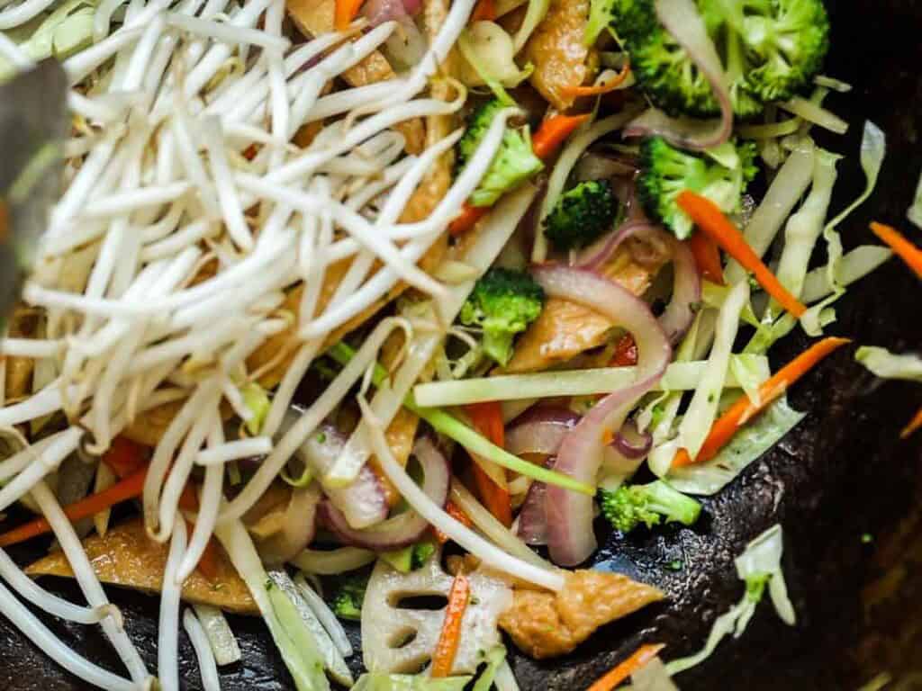 Easy & Healthy Lo Mein Vegan Recipe: Done in Minutes. 32 A close-up of a colorful stir-fry with bean sprouts, broccoli, sliced red onion, carrot, cabbage, and tofu in a dark pan.