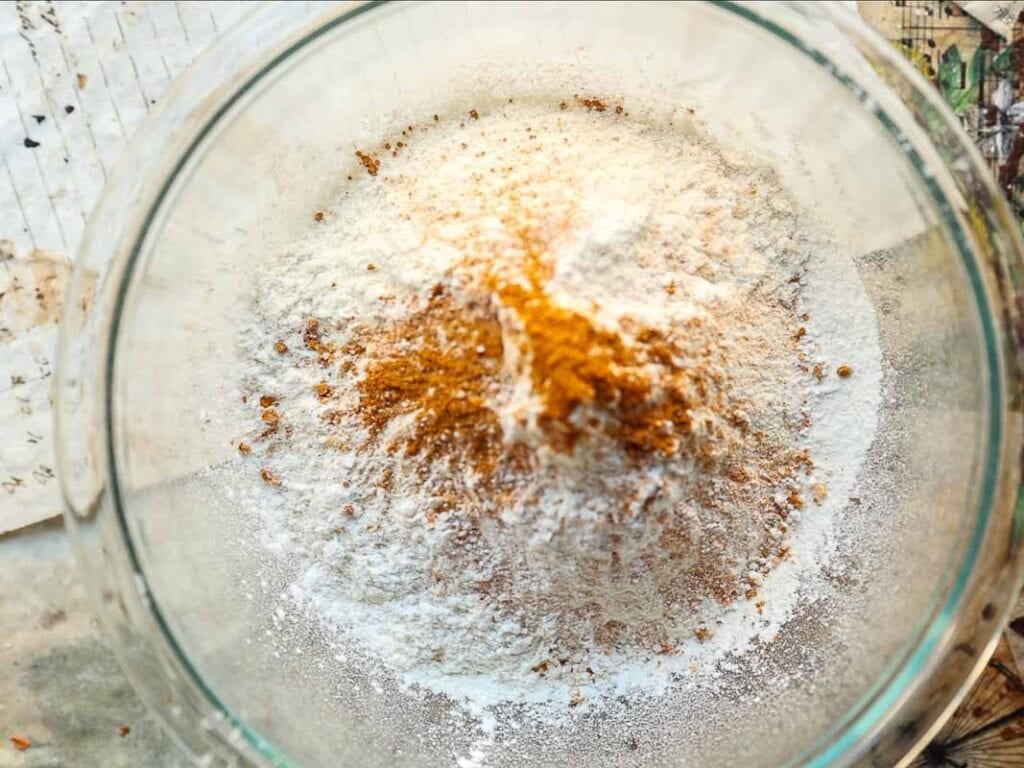 bowl of dry ingredients for lemon cake batter.