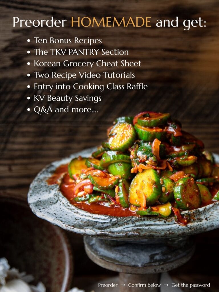 The Korean Vegan: HomeMade 41 A bowl of spicy Korean cucumber salad sits on a rustic wooden table. Text on the image lists preorder bonuses for a cookbook, including recipes, tutorials, savings, and more, on a dark background.