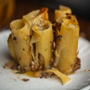 Cheesy Mushroom Rigatoni Pie - Easy Vegan Recipe. 59 Close-up of a serving of baked mushroom rigatoni pie filled with a cheesy, mushroom mixture, topped with melted cheese and herbs, on a white plate.