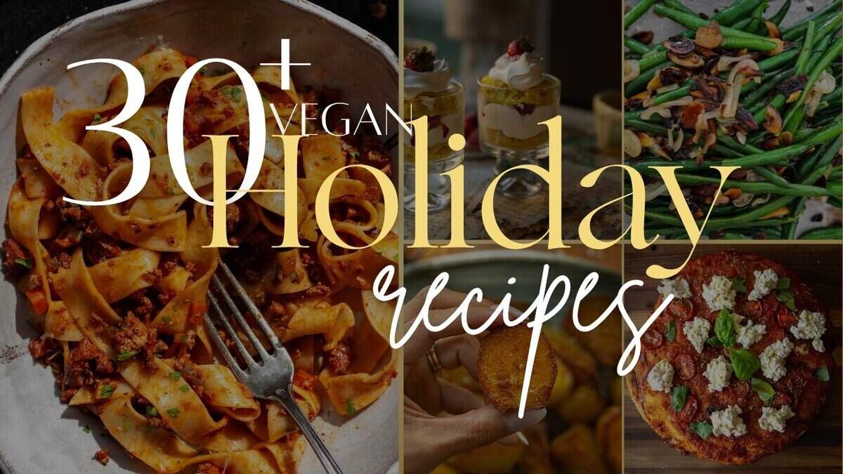 A collage featuring vegan dishes like pasta, green beans, desserts, and pizza. Overlaid text reads: 30+ Vegan Holiday Recipes in elegant gold and white fonts—perfect inspiration for your vegan holiday recipes.
