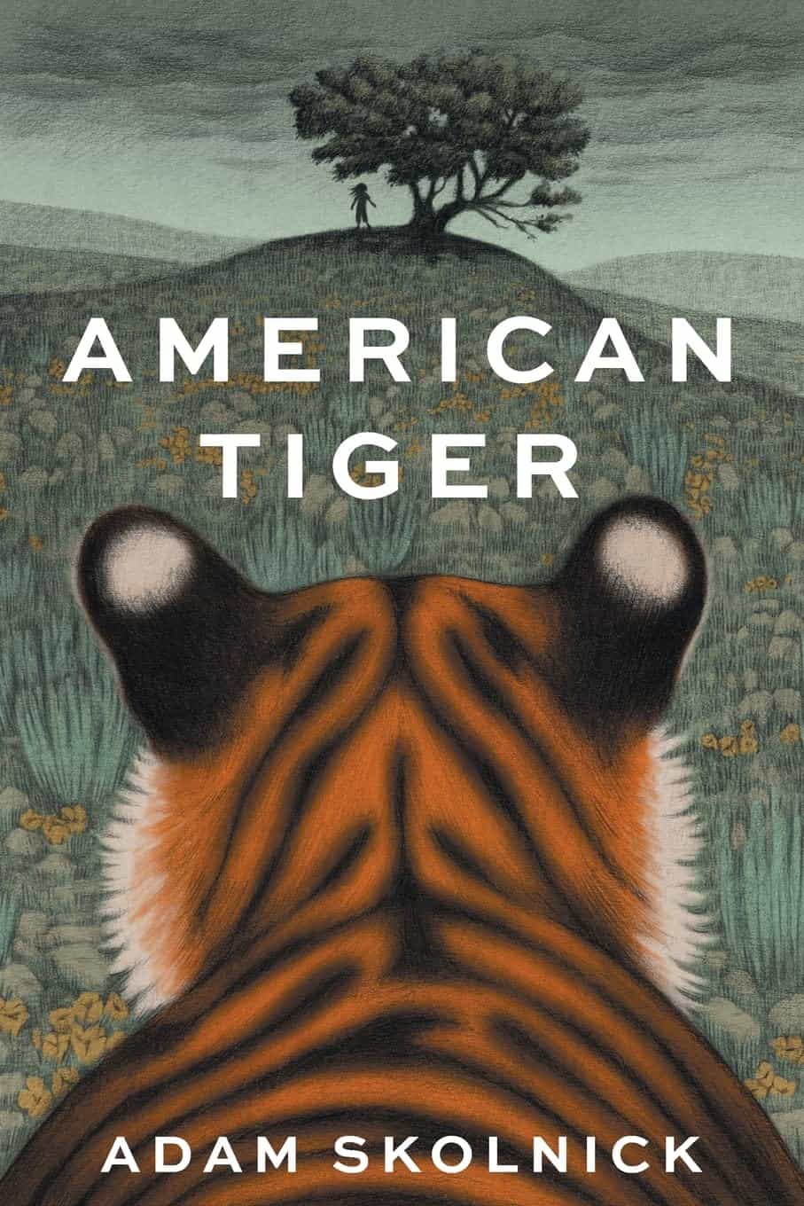 The Korean Vegan's 2025 VEGAN Holiday Gift GUIDE. 53 Illustrated cover of American Tiger by Adam Skolnick, showing the back of a tiger looking at a distant figure under a tree on a grassy hill—perfect inspiration for any vegan holiday gift guide. The tiger's ears and striped fur stand out in the foreground.