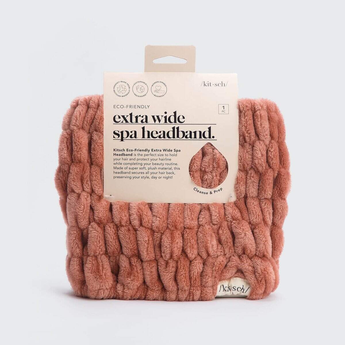 The Korean Vegan's 2025 VEGAN Holiday Gift GUIDE. 30 A soft, chunky, pinkish-brown Kitsch spa headband in eco-friendly packaging, labeled extra wide spa headband—perfect for cleansing and prepping skin. Featured in the Vegan Holiday Gift Guide 2025 as an ideal Korean Vegan beauty essential.