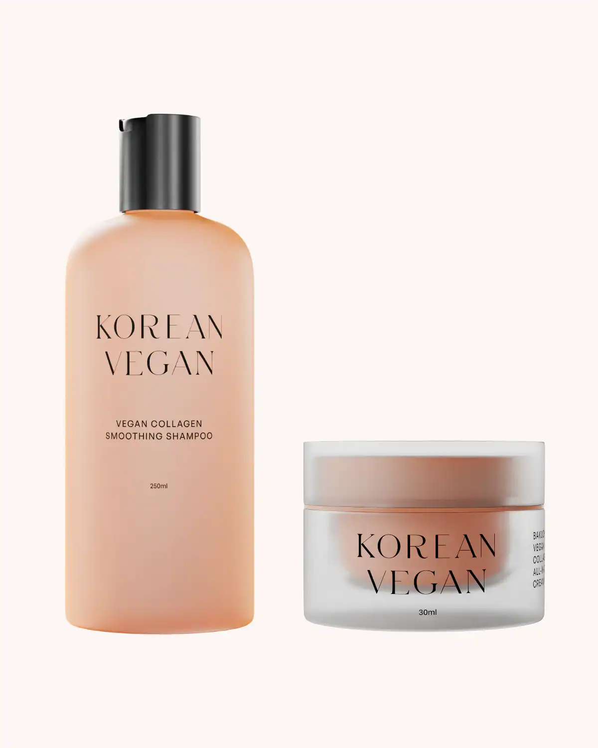 The Korean Vegan's 2025 VEGAN Holiday Gift GUIDE. 29 Discover two Korean Vegan beauty essentials for 2025: a tall peach-colored bottle of Vegan Collagen Smoothing Shampoo and a round jar of All Day Cream, perfect for any Vegan Holiday Gift Guide with their chic, minimalist black text.
