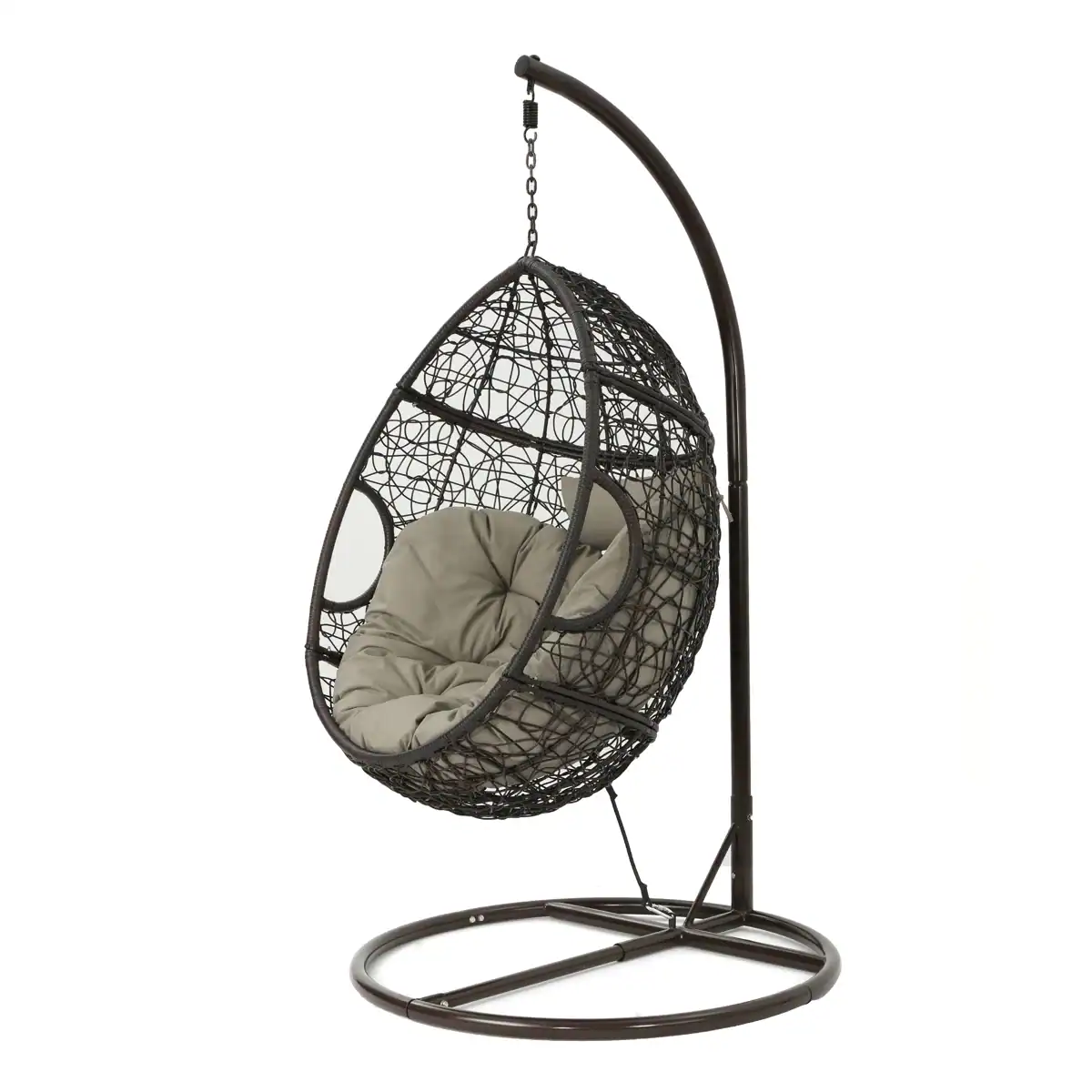 The Korean Vegan's 2025 VEGAN Holiday Gift GUIDE. 44 A hanging egg chair with a woven black frame, suspended from a metal stand with a circular base and beige cushion—an ideal 2025 pick for any Vegan Holiday Gift Guide.
