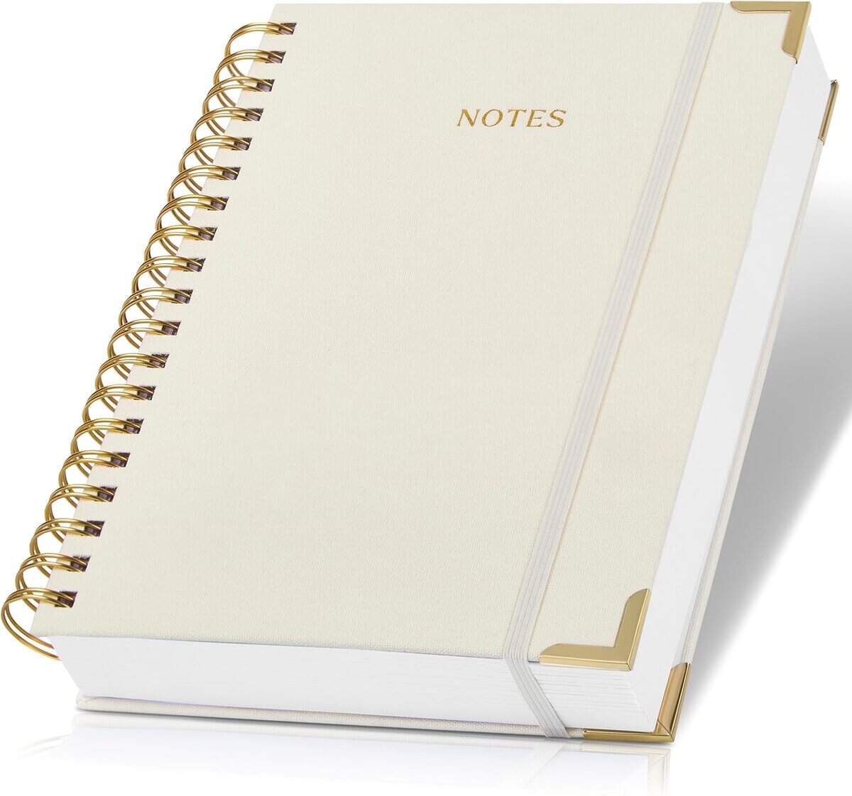 The Korean Vegan's 2025 VEGAN Holiday Gift GUIDE. 23 A cream-colored spiral notebook with gold metal corners and the word NOTES embossed in gold on the cover, featured in the 2025 VEGAN Holiday Gift Guide, shown closed and slightly angled on a white background.