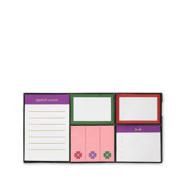 The Korean Vegan's 2025 VEGAN Holiday Gift GUIDE. 28 A set of colorful sticky notes in a black holder, featuring lined, blank, floral, and checklist designs in purple, green, red, and pink—an ideal addition to any Vegan Holiday Gift Guide for 2025.