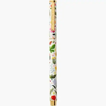 The Korean Vegan's 2025 VEGAN Holiday Gift GUIDE. 27 A white pen decorated with colorful botanical illustrations, including leaves, flowers, and berries, with gold accents—perfect for vegan gifts or to feature in any vegan holiday gift guide.