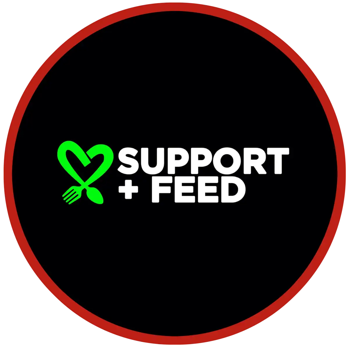 The Korean Vegan's 2025 VEGAN Holiday Gift GUIDE. 58 A black circle with a red border features a green heart-shaped logo with a fork and leaf, next to the white text SUPPORT + FEED in bold letters—perfect for any vegan holiday gift guide.