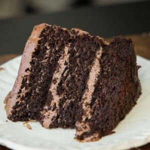 The BEST Vegan Chocolate Cake Recipe On The Internet. 38 A close-up of a slice of rich, moist vegan chocolate cake with chocolate frosting between three layers, served on a white plate.