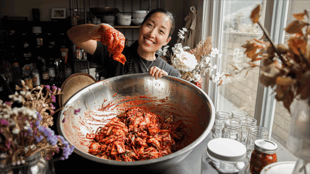A smiling woman holds up a piece of kimchi over a large metal bowl filled with more kimchi, surrounded by jars, flowers, and kitchen items—perfect inspiration for new recipes using kimchi—on a table by a window.